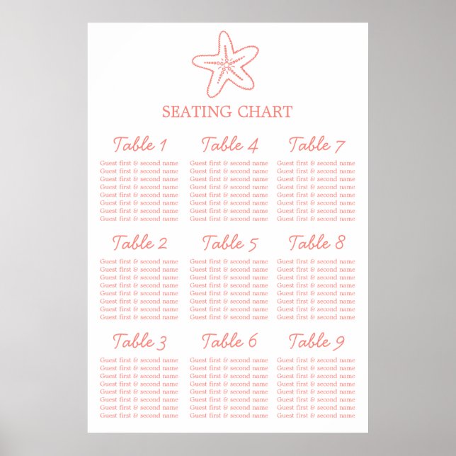 Poster Starfish coral mer mariage plan de table (Devant)
