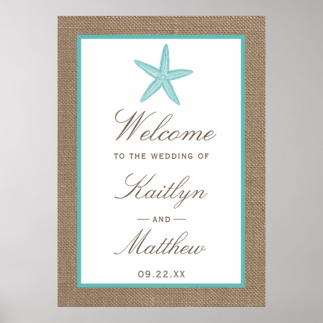 Poster Starfish Turquoise Burlap Beach Wedding Collection (Devant)