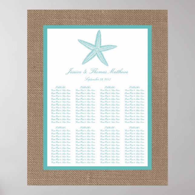 Poster Starfish Turquoise Burlap Beach Wedding Collection (Devant)