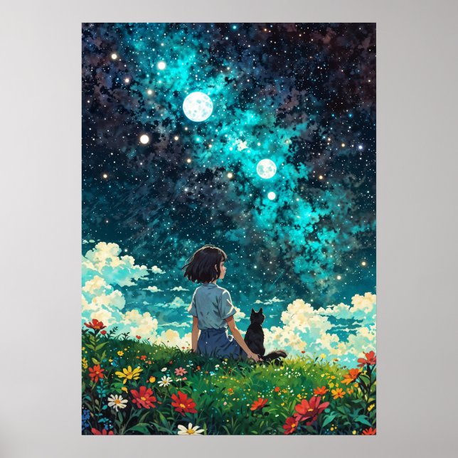 Poster Starlit Reverie - Une fille et son chat s'assoient (Devant)