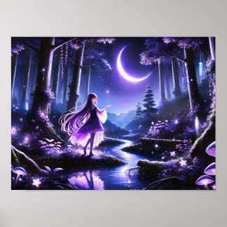 Poster Starlit Wanderer dans Mystic Forest fille parmi le