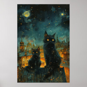 Poster Starry Night Cats : Cosmic City Rooftop Art