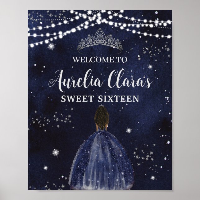 Poster Starry Night Navy Blue Silver Sweet 16 Brown Girl (Devant)