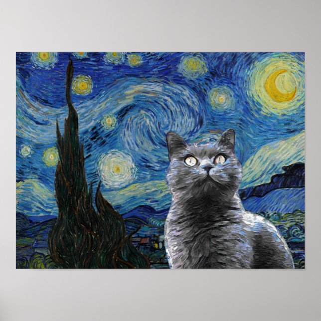 Poster Starry Night Vincent Van Gogh Cute Cat Kitten (Devant)