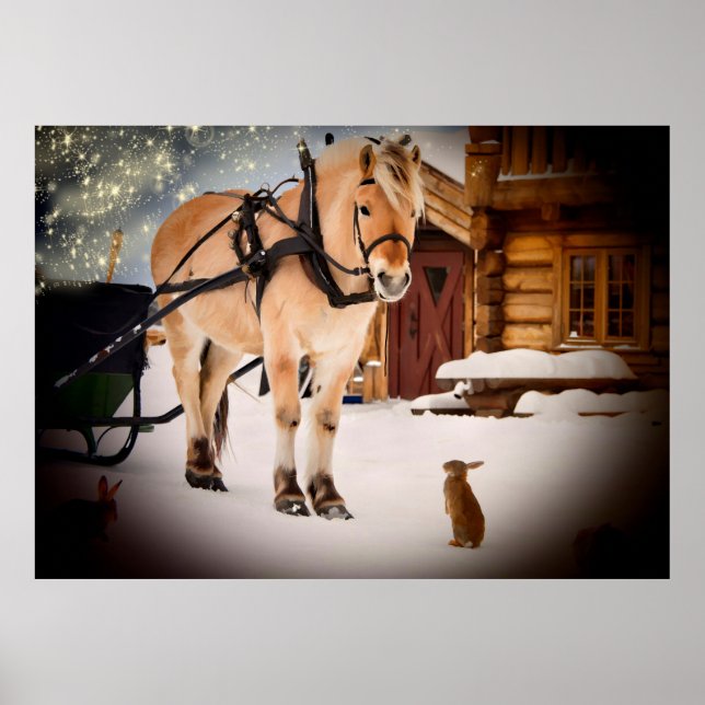 Poster Starry Noël nuit à la ferme avec cheval (Devant)