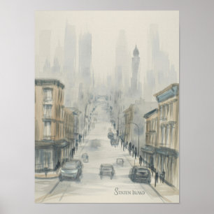 Poster Staten Island rue brumeuse aquarelle