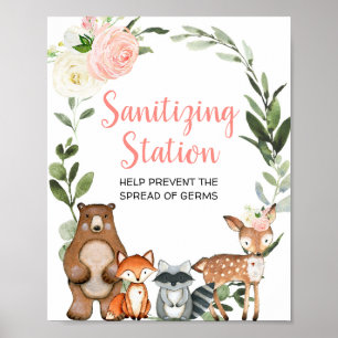 Poster Station d'assainissement douche bois rose fleuri