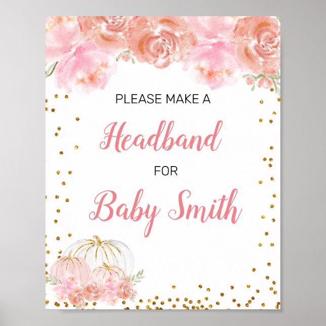 Poster Station de Baby shower à citrouille à fleurs rose (Devant)