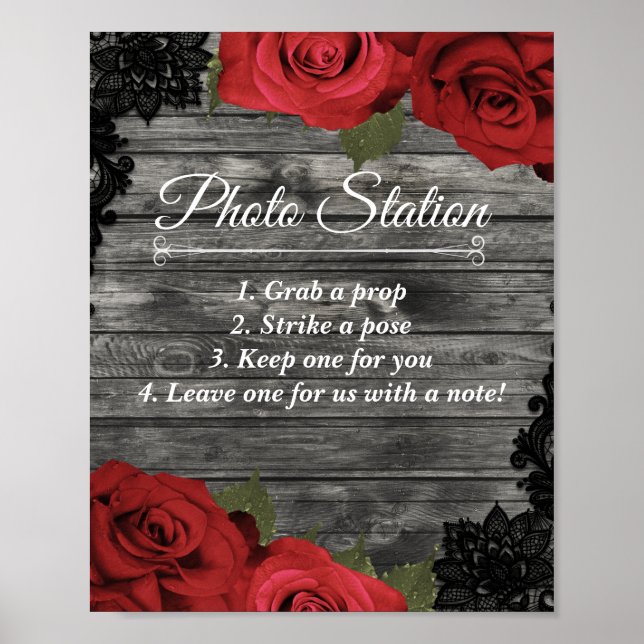Poster Station de photo de mariage aux roses rouges rusti (Devant)