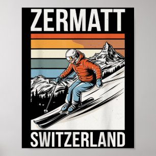 Poster Station de ski rétro Zermatt Suisse, ski alpin fun