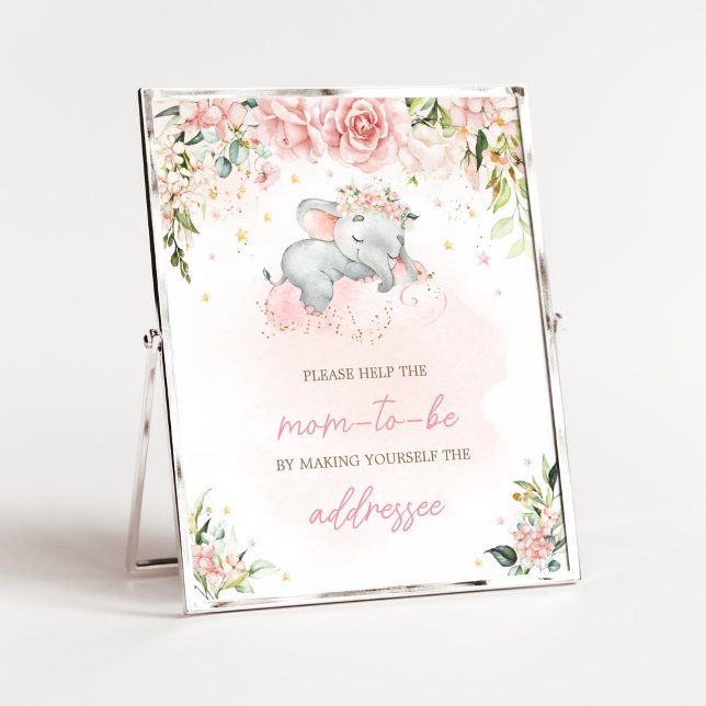 Poster Station d'enveloppe de Baby shower d'éléphant rose (Pink Floral Sleeping Elephant Baby Shower Envelope Station Sign)