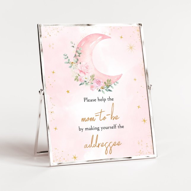 Poster Station d'enveloppe de Baby shower rose lune et ét (Twinkle Little Star Baby Shower Envelope Station Sign)