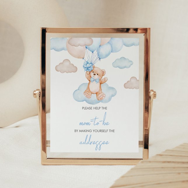 Poster Station d'enveloppes Blue Baby Bear (Blue Bear Balloon Baby Shower Envelope Station Sign)
