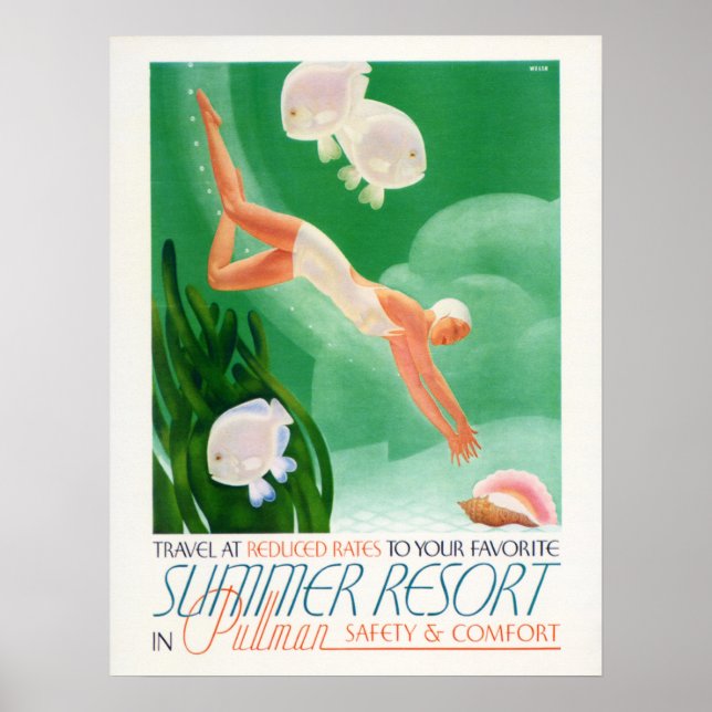 Poster STATION D'ÉTÉ Mer Vacances Femme Plongée Voyage (Devant)