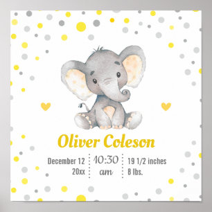 Poster Statistiques bébé Eléphant Jaune Gris Polka Pot Nu
