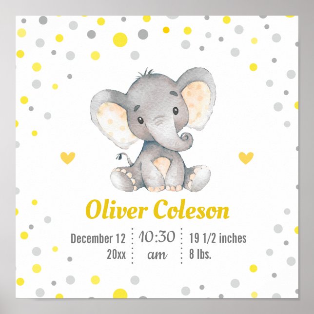 Poster Statistiques bébé Eléphant Jaune Gris Polka Pot Nu (Devant)