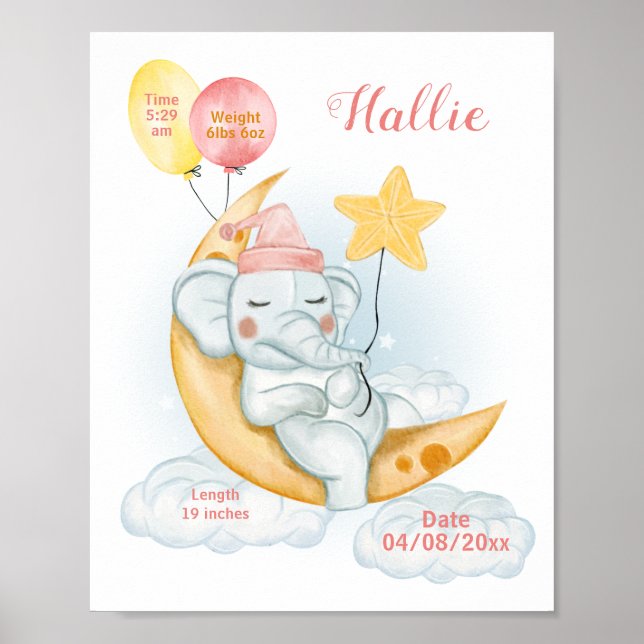 Poster Statistiques de naissance de bébé éléphant mignon  (Devant)