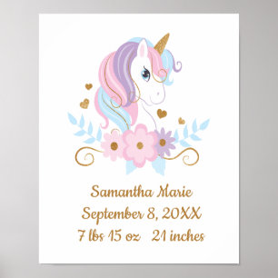 Poster Statistiques de naissance Licorne Rose Bleu Or, Fé