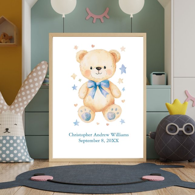 Poster Statistiques de naissance Teddy Ours Bleu Bow Baby (Teddy Bear with Blue Boys Nursery Wall art print. Personalized with name and birthday birth stats)
