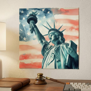 Poster Statue de la Liberté à l'aquarelle avec drapeau am