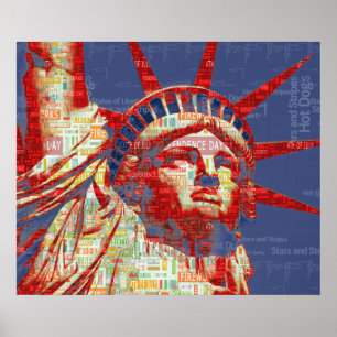 Poster Statue de la Liberté avec 4 juillet nuage de mots