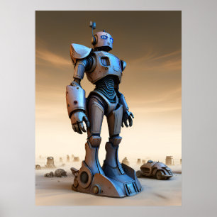 Poster Statue de robot dans un désert de désolation AI