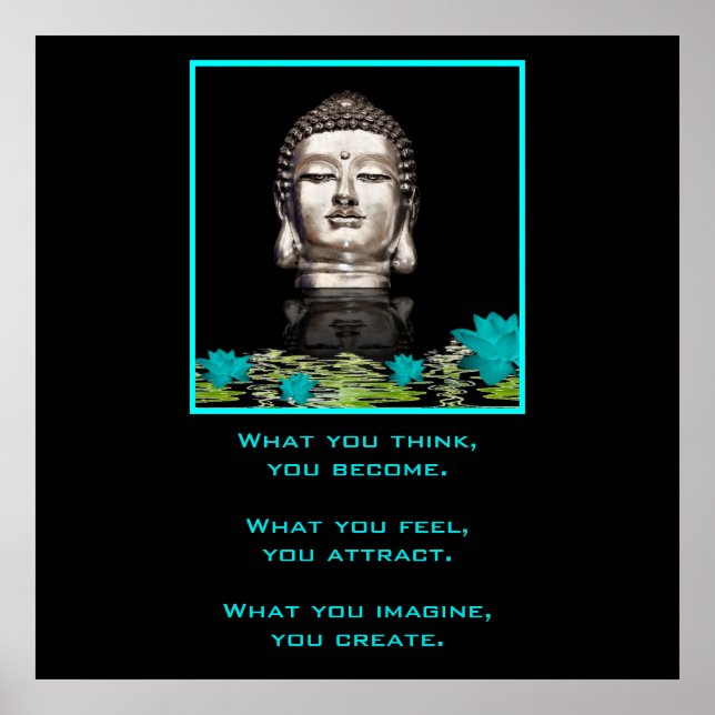Poster Statue de tête Bouddha Argent avec Citation Inspir (Devant)