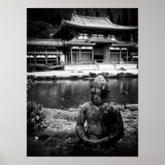 Poster Statue devant le temple bouddhiste, Oahu B&W