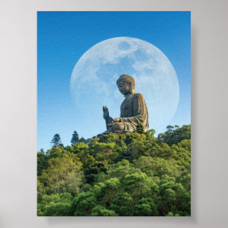 Poster Statue du Bouddha avec Pleine lune