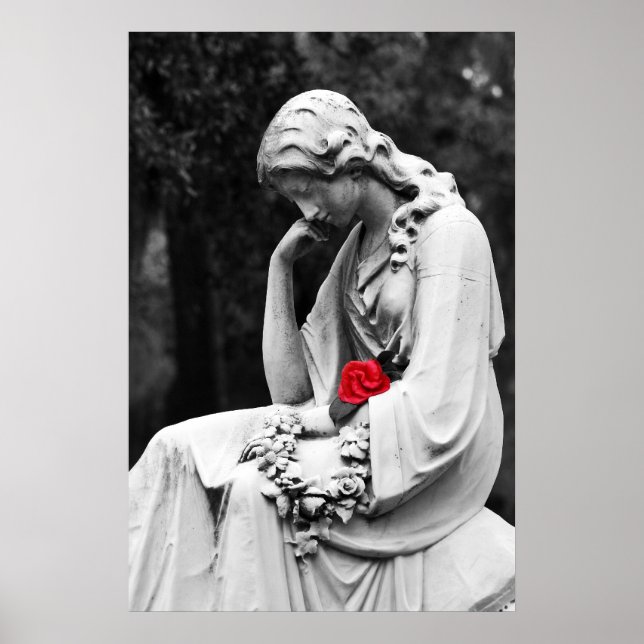 Poster Statue du cimetière B&W avec Rose couleur (Devant)