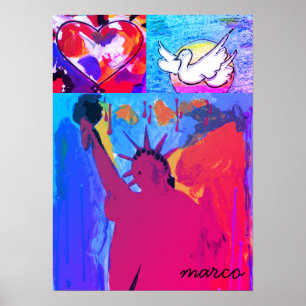 Poster Statue moderne de la liberté Aquarelle coeur rouge