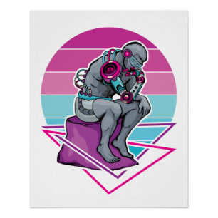 Poster Statue penseur Cyberpunk Vaporwave Rodin