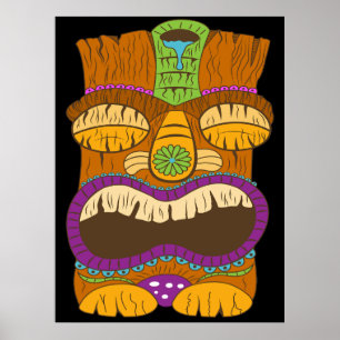 Poster Statue Tiki en bois avec bouche ouverte, Noir drôl