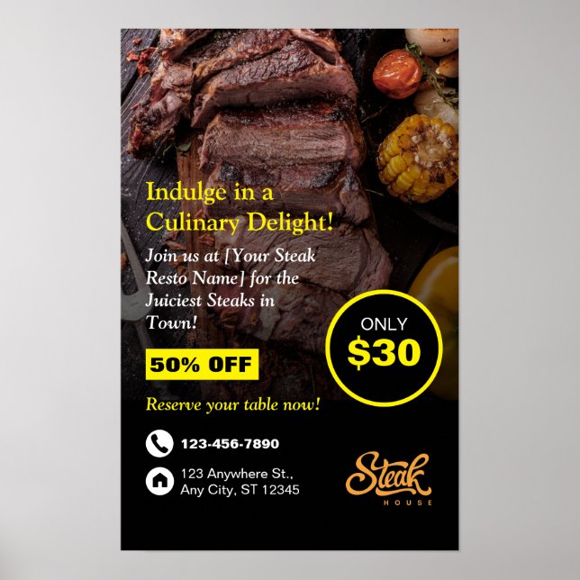 Poster Steak House, Steak Resto, Restaurant Flyer (Devant)