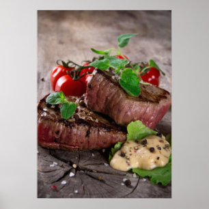 Poster Steaks grillés au barbecue avec herbes fraîches et