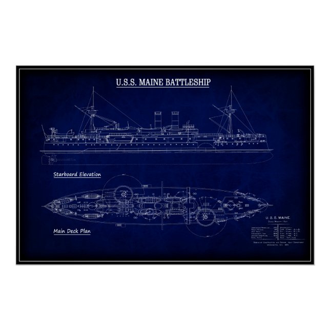 Poster Steam Battleship USS MAINE Blueprint 1894 (Devant)