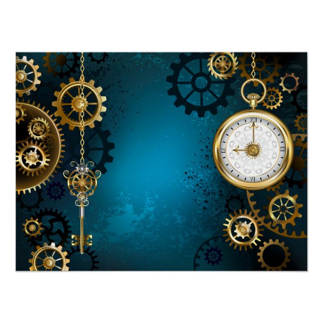 Poster Steampunk Arrière - plan turquoise avec Gears (Devant)