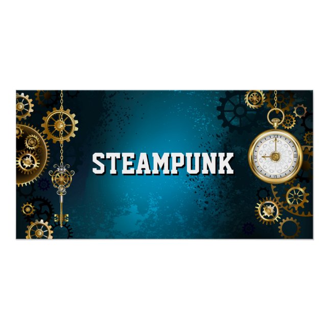 Poster Steampunk Arrière - plan turquoise avec Gears (Devant)