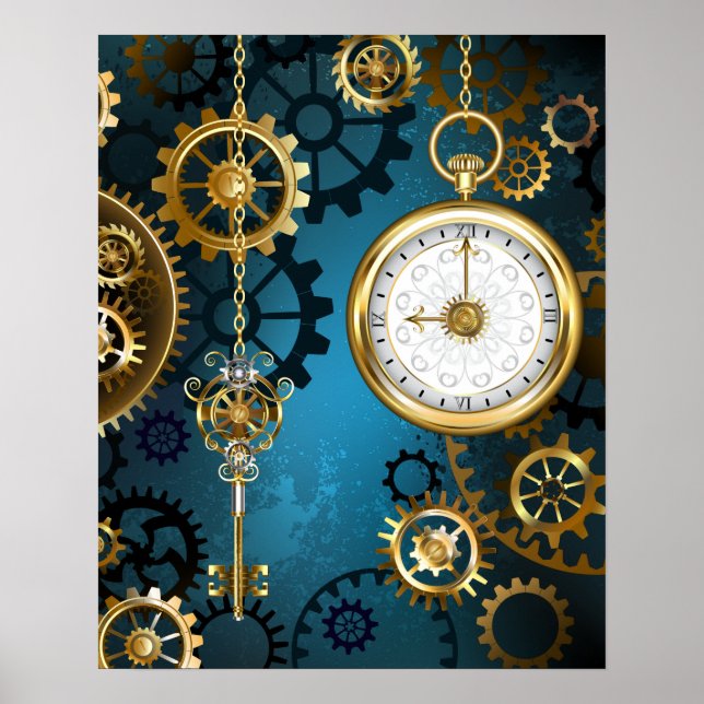 Poster Steampunk Arrière - plan turquoise avec Gears (Devant)