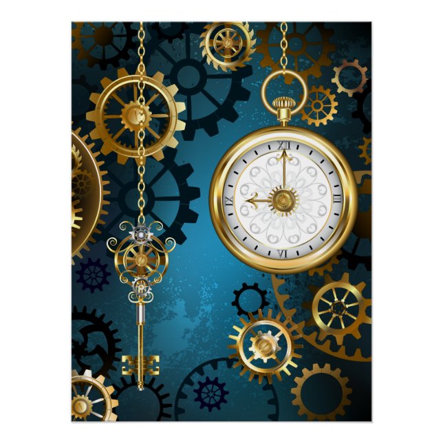 Poster Steampunk Arrière - plan turquoise avec Gears (Devant)