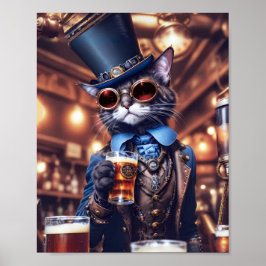 Poster Steampunk chat gris avec chapeau, lunettes, bière 