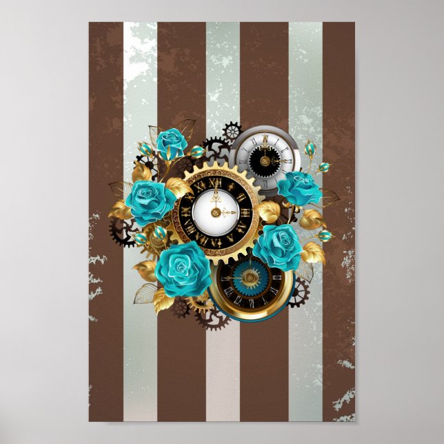 Poster Steampunk Clock and Turquoise Roses on Striped (Devant)
