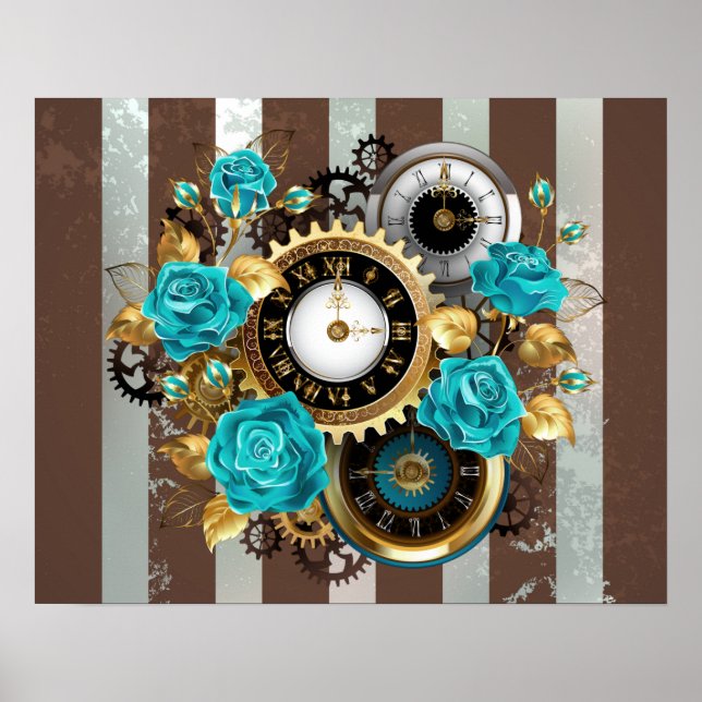 Poster Steampunk Clock and Turquoise Roses on Striped (Devant)