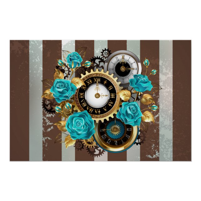 Poster Steampunk Clock and Turquoise Roses on Striped (Devant)