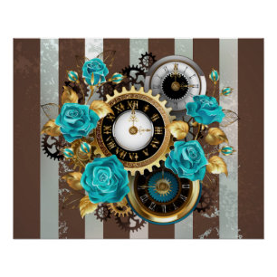 Poster Steampunk Clock and Turquoise Roses on Striped