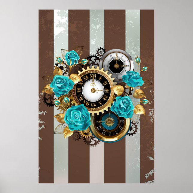 Poster Steampunk Clock and Turquoise Roses on Striped (Devant)