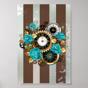 Poster Steampunk Clock and Turquoise Roses on Striped