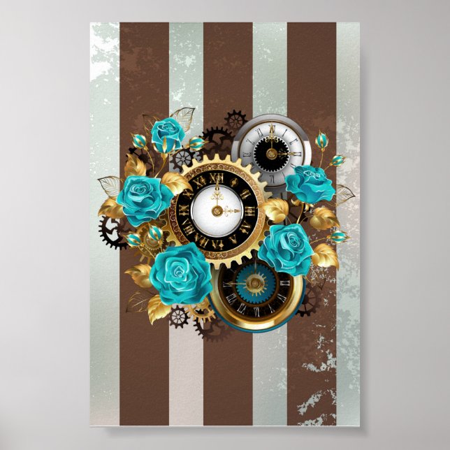 Poster Steampunk Clock and Turquoise Roses on Striped (Devant)