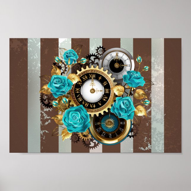 Poster Steampunk Clock and Turquoise Roses on Striped (Devant)