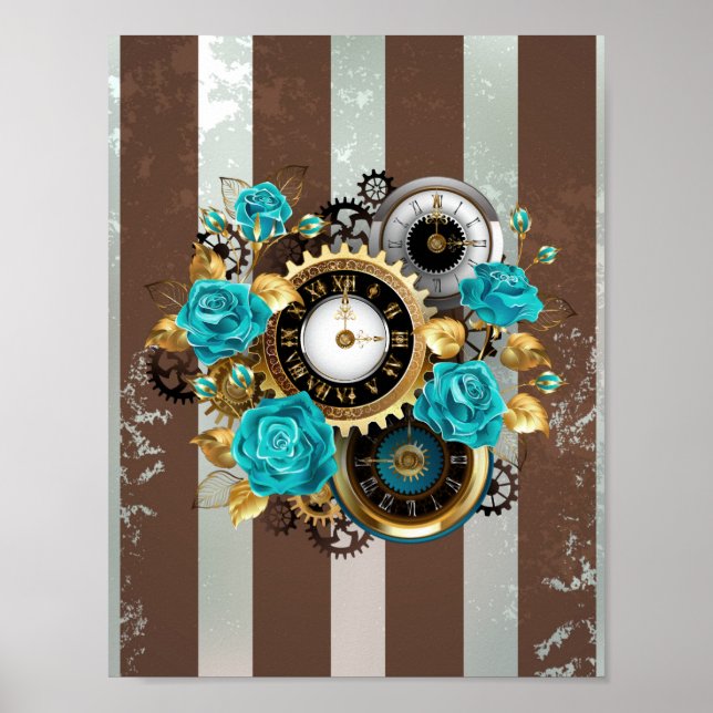 Poster Steampunk Clock and Turquoise Roses on Striped (Devant)
